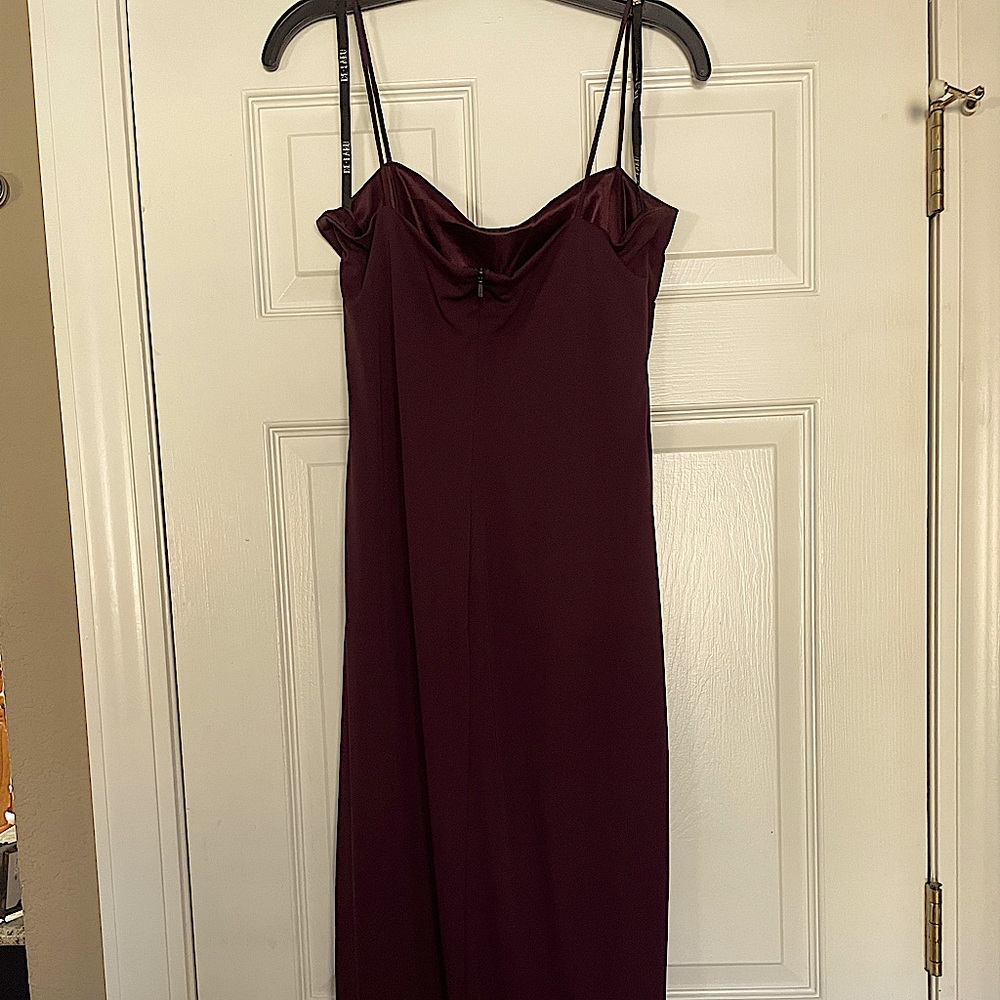 Strappy full length lined dress beaded decor on front;100%polyester Wine color